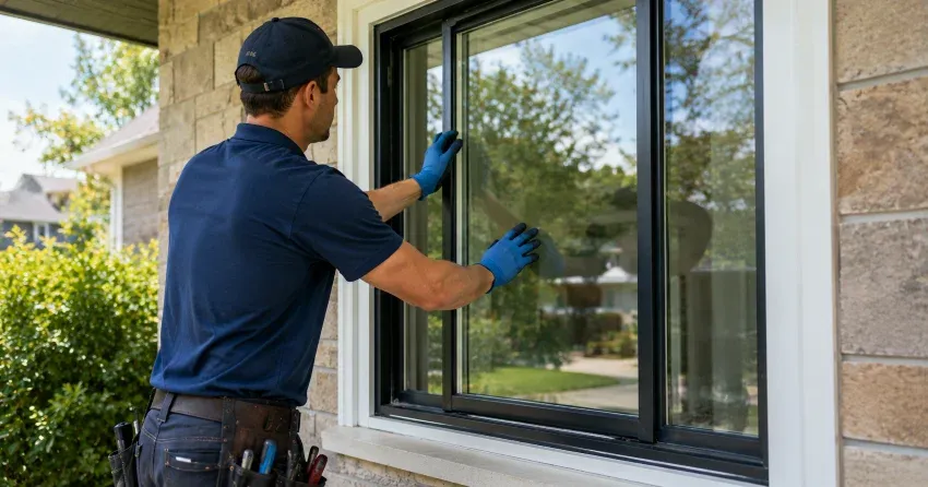technician measuring a broken window pane for replacement in Newmarket
