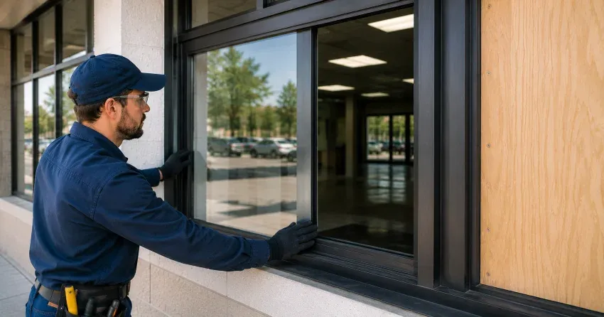technician boarding a broken window after a break-in in Central Newmarket, Newmarket