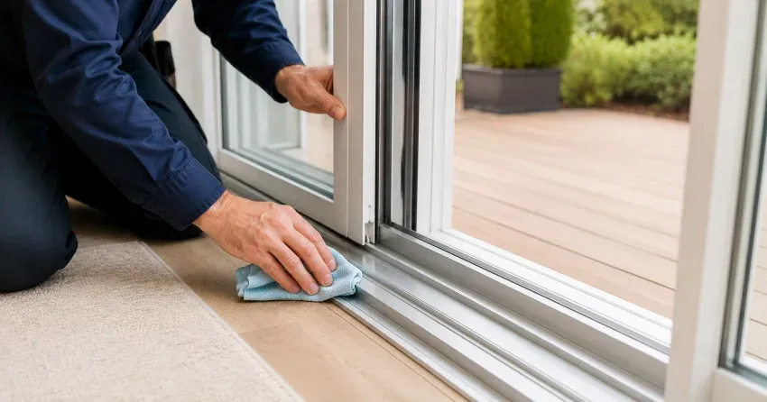 technician inspecting a sliding patio door track in Gorham-College Manor, Newmarket