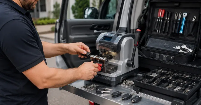 technician cutting a replacement car door lock key in Stonehaven-Wyndham, Newmarket