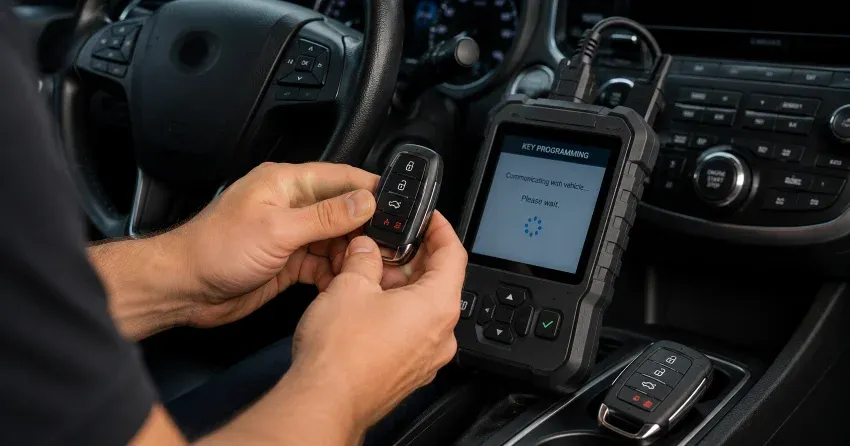 technician inspecting a worn car key before replacement in Glenway Estates, Newmarket