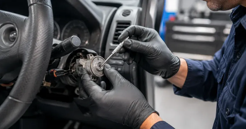 technician diagnosing an ignition lock repair issue in Central Newmarket, Newmarket