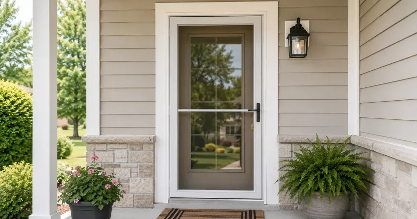 technician hanging storm door square and plumb in Armitage, Newmarket