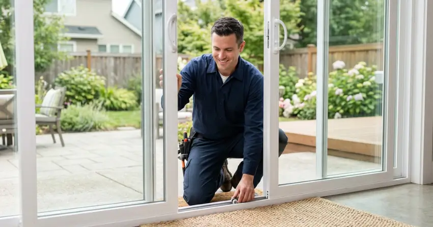 technician diagnosing a sticking patio door in Newmarket