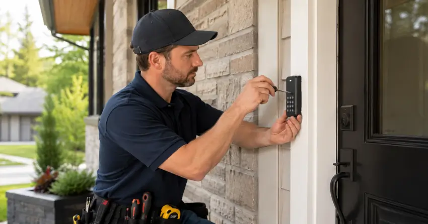 Technician installing an access control system keypad beside a residential front door in Armitage, Newmarket