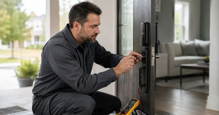 technician diagnosing automatic door lock mechanism on residential door in Glenway Estates, Newmarket