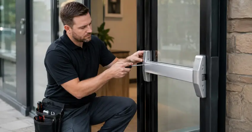 commercial locksmith repairing exit device on storefront door Gorham-College Manor, Newmarket