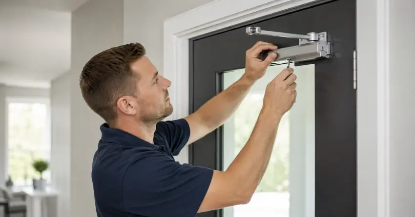 technician adjusting door closer hydraulic valve in Central Newmarket, Newmarket home