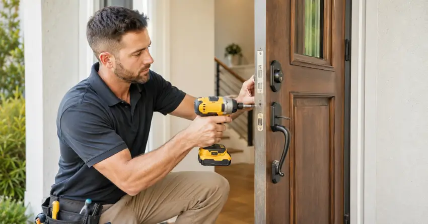 locksmith installing new deadbolt lock on front door in Newmarket