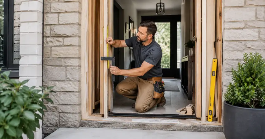 exterior door installer assessing rough opening in Leslie Valley, Newmarket