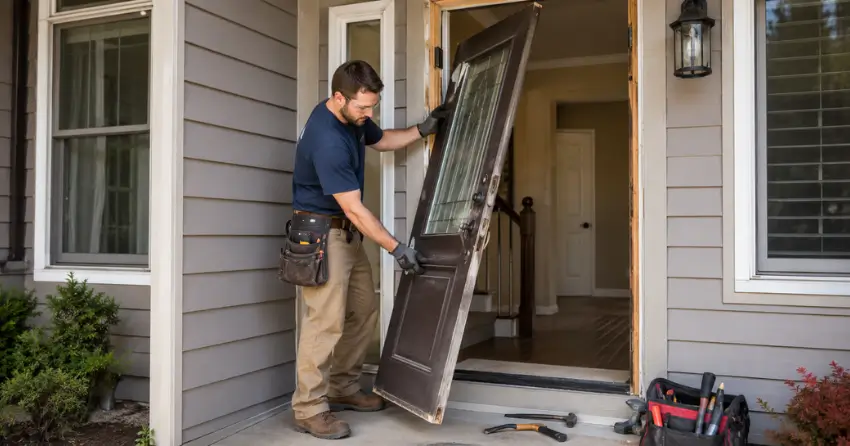 old exterior door being removed for replacement in Armitage, Newmarket