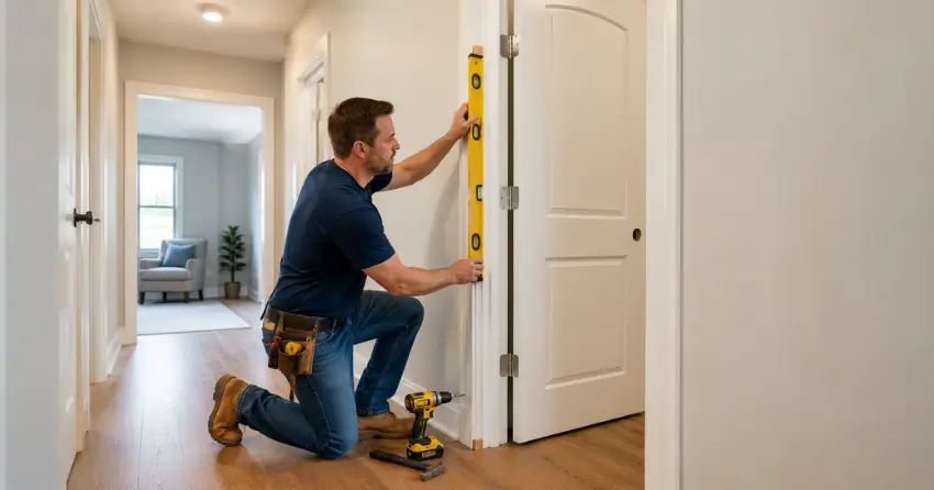 technician installing a pre-hung interior door in a home hallway Gorham-College Manor, Newmarket