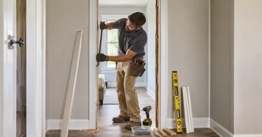 technician removing an old interior door frame during installation Armitage, Newmarket