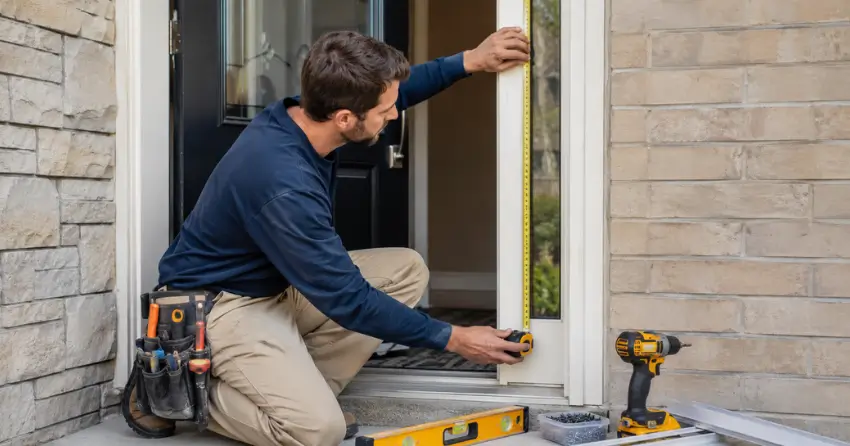 technician measuring door frame before storm door install in Armitage, Newmarket