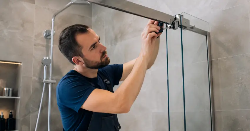 technician adjusting shower door hinge and track in Central Newmarket, Newmarket