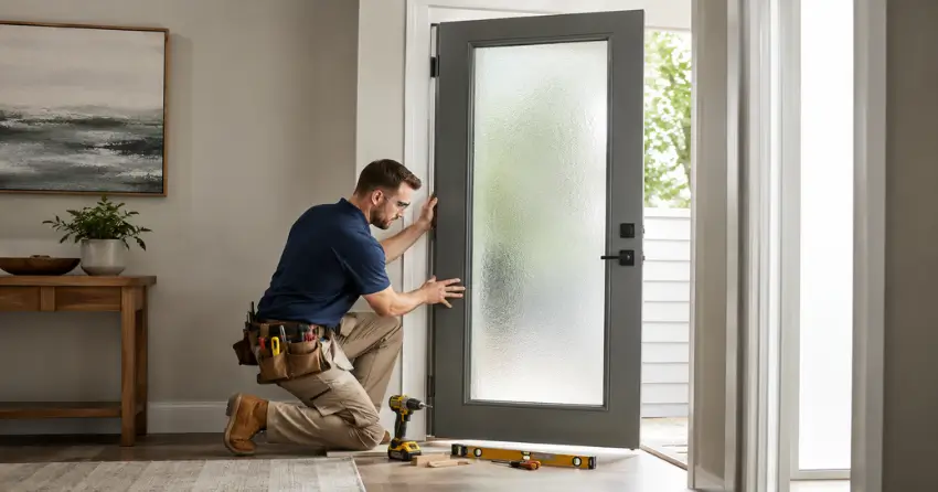 glass panel door installation with frosted privacy glass in residential setting in Central Newmarket, Newmarket
