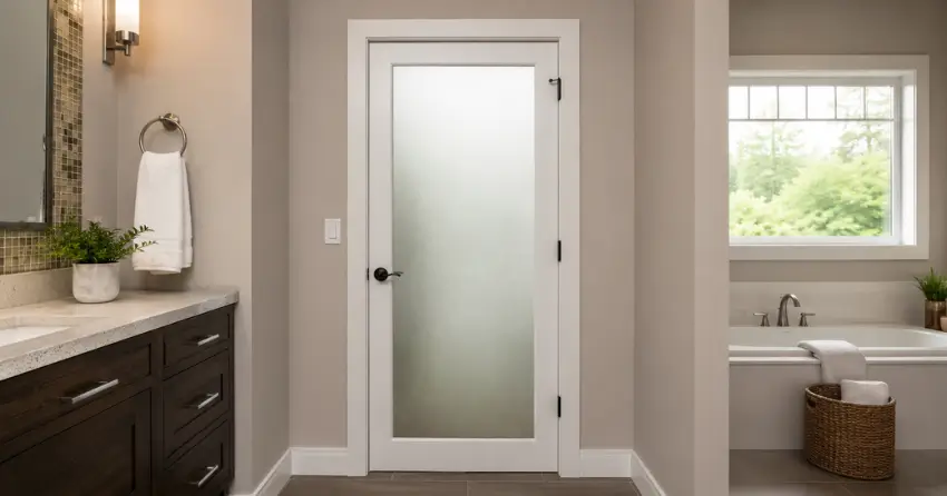 frosted glass panel bathroom door installed in a Newmarket home