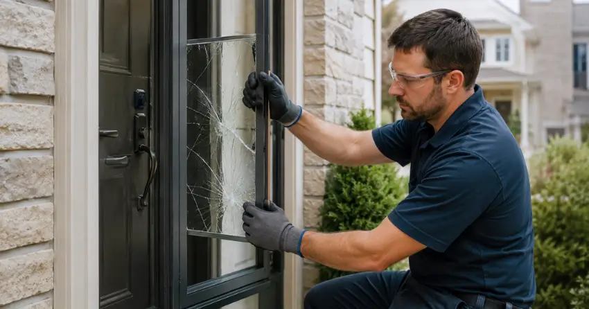 technician removing cracked storm door glass panel in Leslie Valley, Newmarket