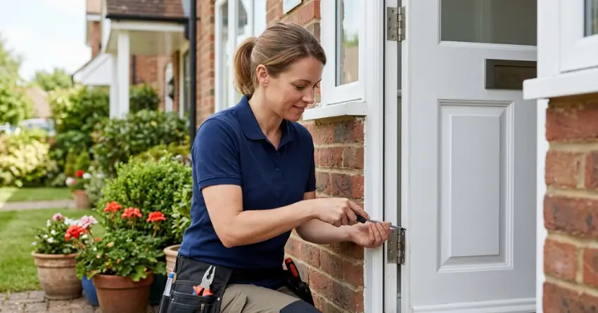 technician repairing exterior door hinge and frame in Stonehaven-Wyndham, Newmarket