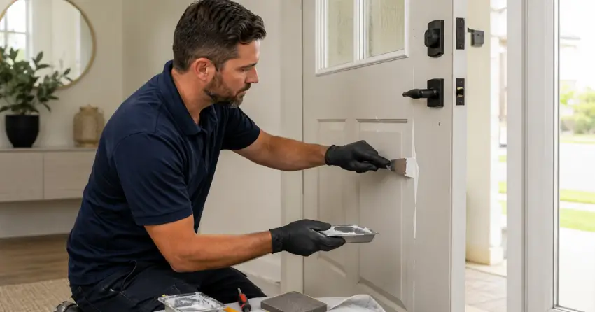 technician repairing fiberglass door surface crack in Leslie Valley, Newmarket