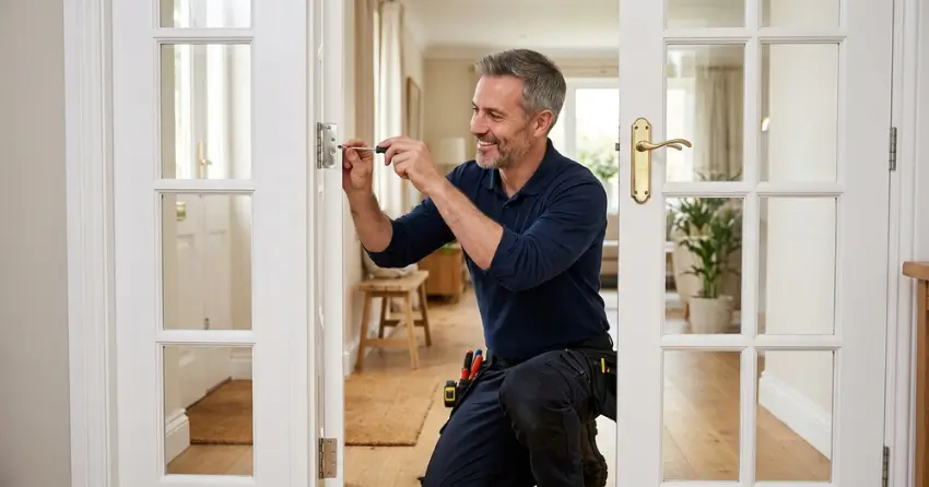 technician adjusting French door hinge for proper alignment in Newmarket