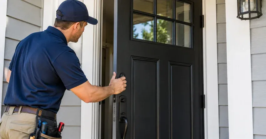 technician adjusting door hinge and strike plate in Armitage, Newmarket home
