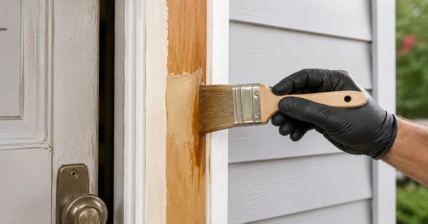 technician probing rotted wood on a door frame in Gorham-College Manor, Newmarket