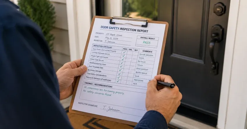 inspector checking strike plate and door frame during safety inspection in Glenway Estates, Newmarket