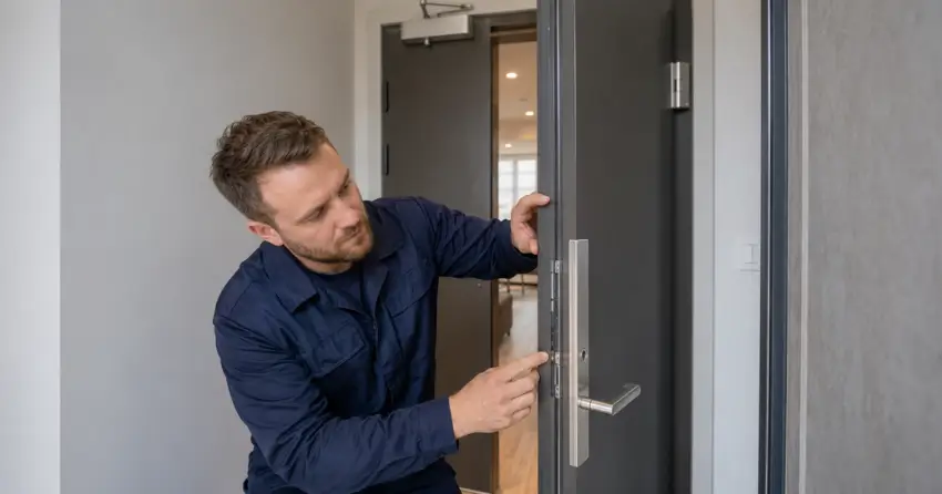 technician inspecting fire-rated door seal and hardware in Newmarket