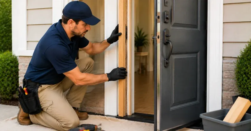 technician inspecting damaged door frame corner in Newmarket