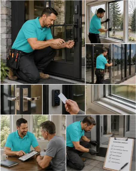 A technician measuring a door frame during an on-site assessment